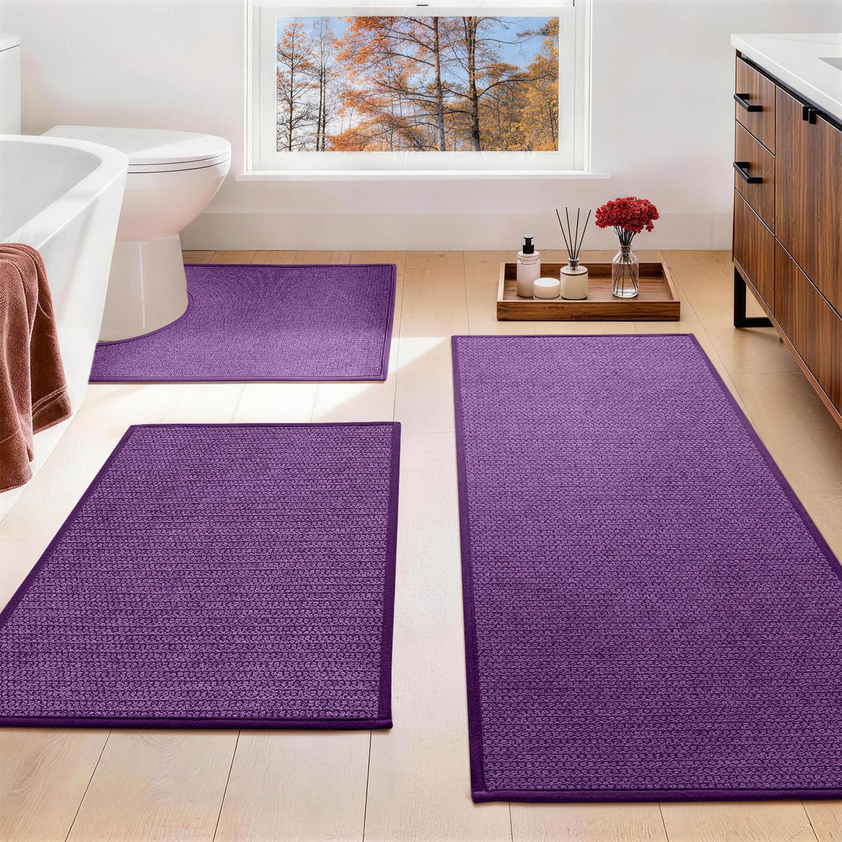 YIHOUSE Gray Bathroom Rugs Sets 3 Piece, Quick Dry Thin Bath Mat with Toilet Rug, Non Slip Absorbent Machine Washable, Bath Runner Rugs for Bathtub Sink Home Decor