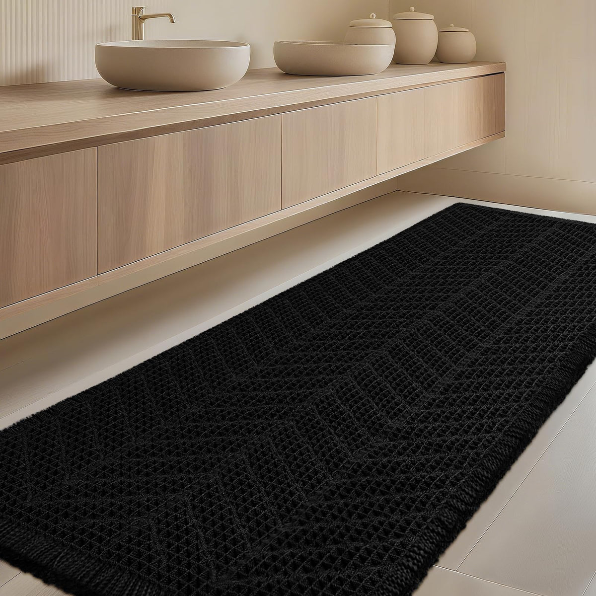 Upgrade Waffle Bath Mat Set 2 Piece, Boho Bathroom Rugs Absorbent Non Slip, Ultra Soft Bathroom Mat, Machine Washable Knit Bath Rugs with Herringbones for Bathroom, Bedroom, Kitchen, Shower, White