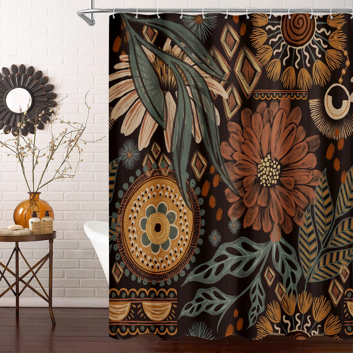Boho Floral Shower Curtain, Vintage Botanical Fabric Curtain, 72 x 72
