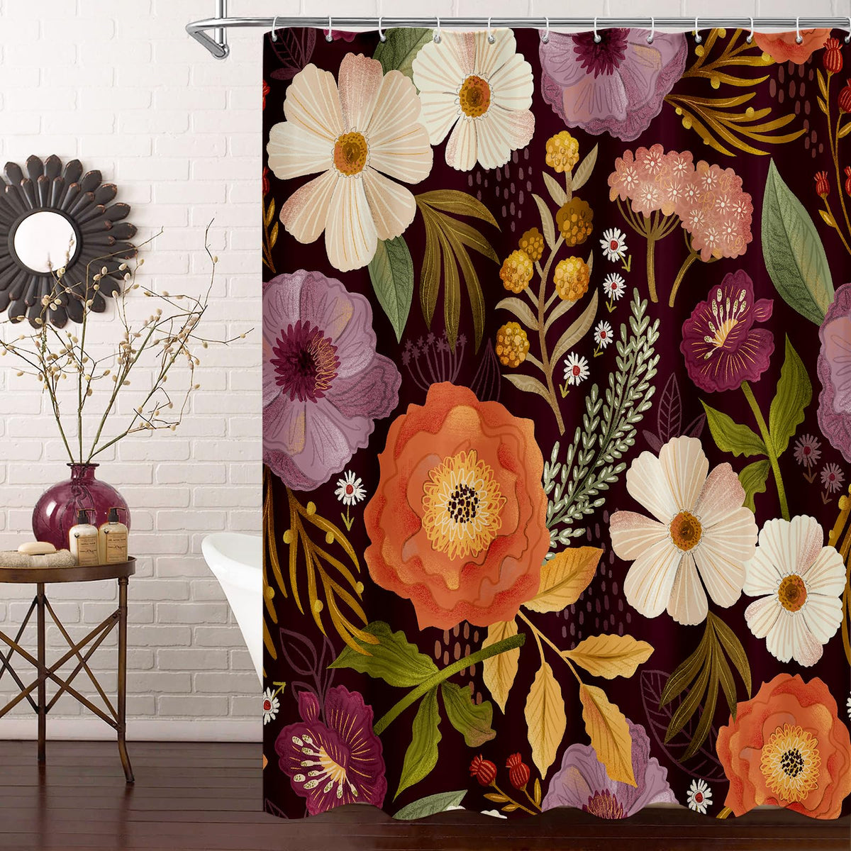 Boho Floral Shower Curtain, Vintage Botanical Fabric Curtain, 72 x 72