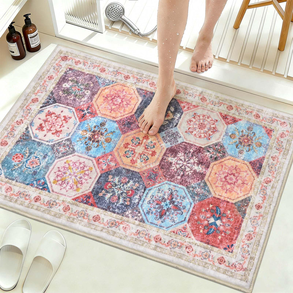 Yinhua Boho Bathroom Runner Rug Non Silp, Vintage Long Bath Mat Washable