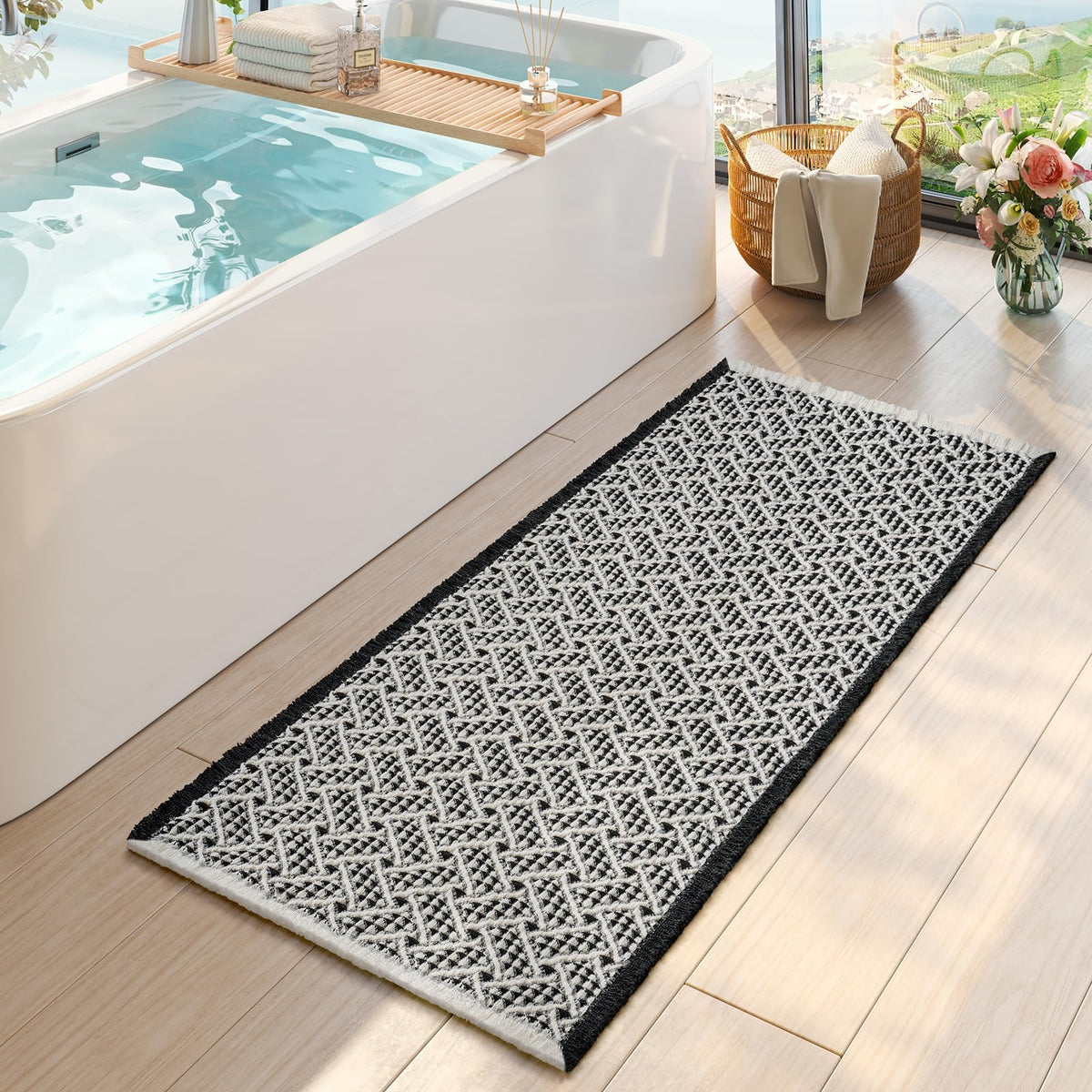 Waffle Bath Mat, Extra Soft Boho Bathroom Rugs, 16x24 Brown