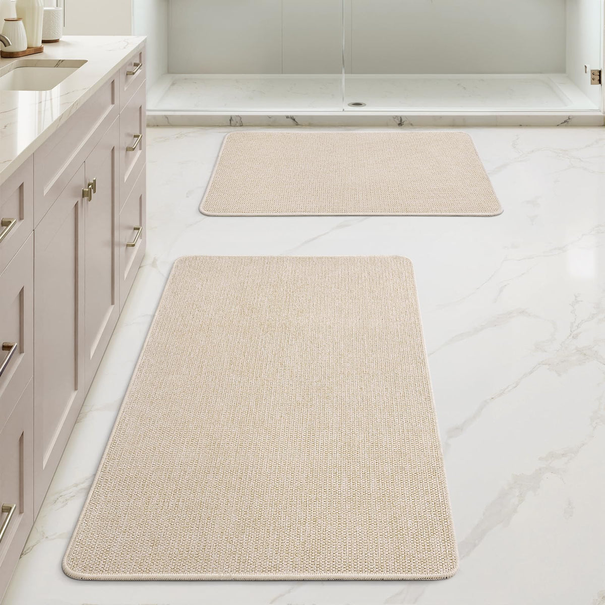 MIULEE Bathroom Rugs Set 2 Pieces, Thin Bath Mats Beige 17"x27"+20"x32"