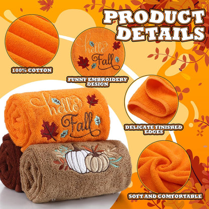 Fanfanwin 3 Pcs Fall Hand Towels for Bathroom 13.8 x 29.5 Inch Autumn Decorative Bath Towels Sets 100% Cotton Embroidered Pumpkin Maple Thanksgiving Bathroom Decor(Orange and Brown,Pumpkin)