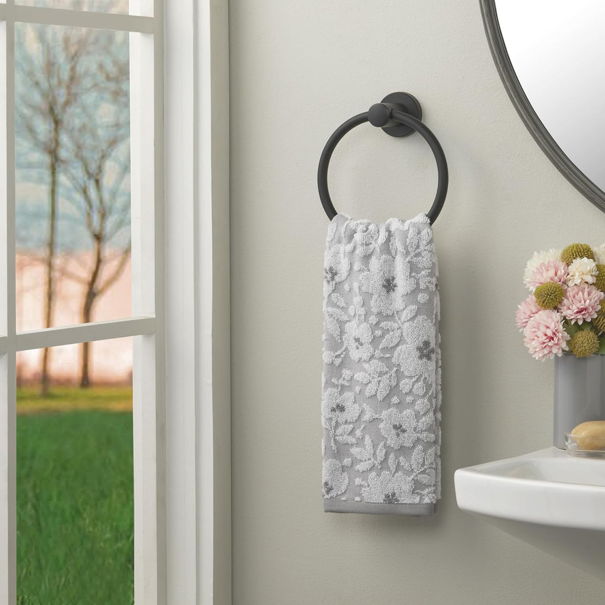 SKL Home Floral Hand Towel Set-2pc, 100% Cotton Jacquard, Gray