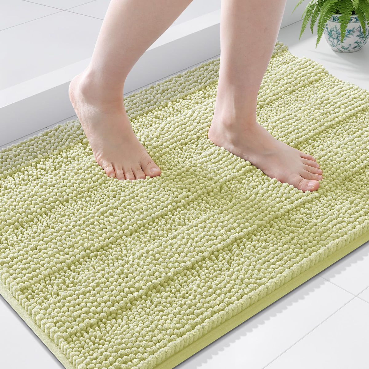 Grandaily Chenille Striped Bathroom Rugs 36x24, Extra Thick and Absorbent Bath Mats, Non-Slip Soft Plush Shaggy Shower Carpet, Machine Wash Dry, Bath Rug for Bathroom, (Large, Light Grey)