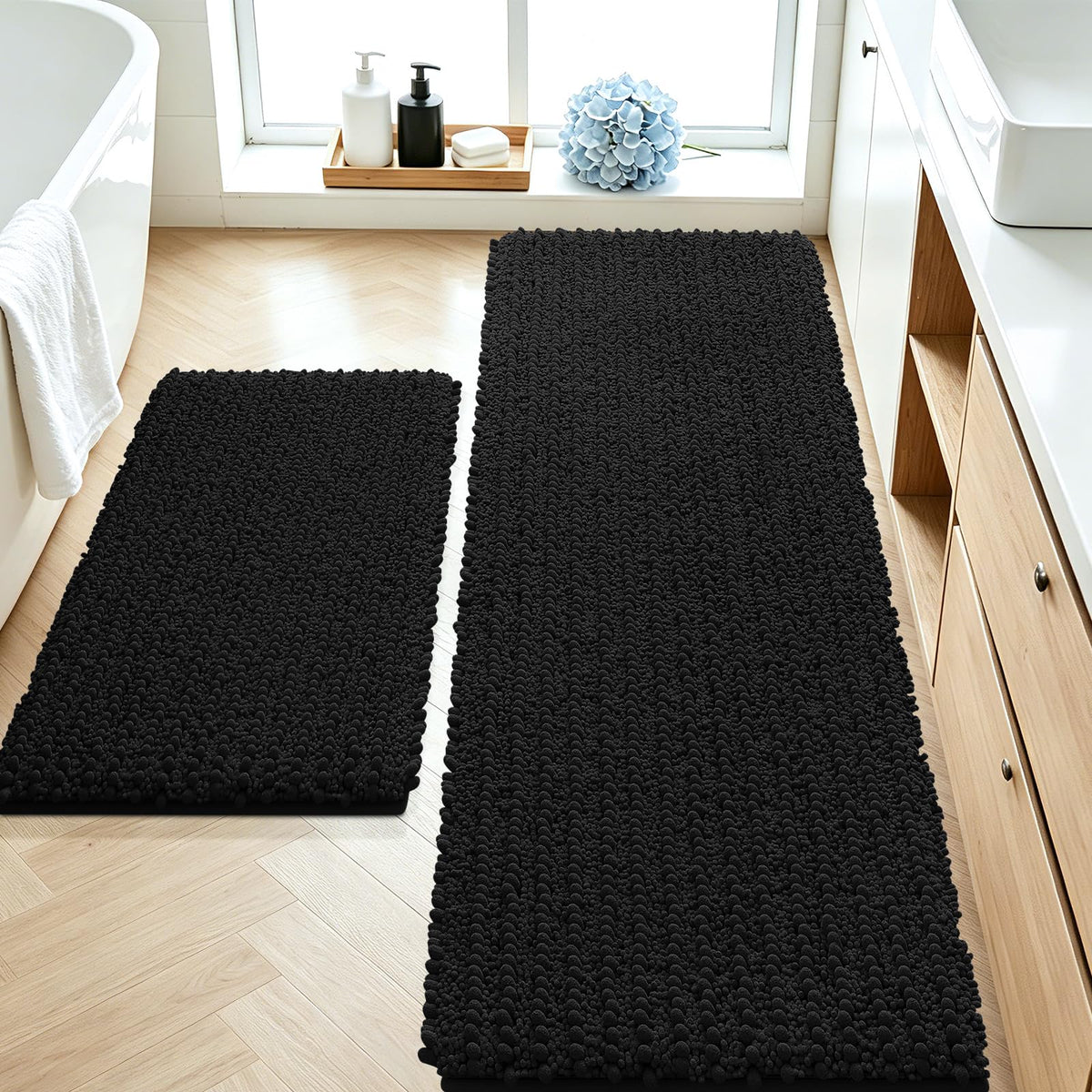 ACCUMTEK Upgrade Extra Large Black Bathroom Rug Set 3 Pieces Ultra Soft, Thick Absorbent Bath Mats, Non Slip Chenille Toilet Mat for Bathroom, Bedroom, Kitchen