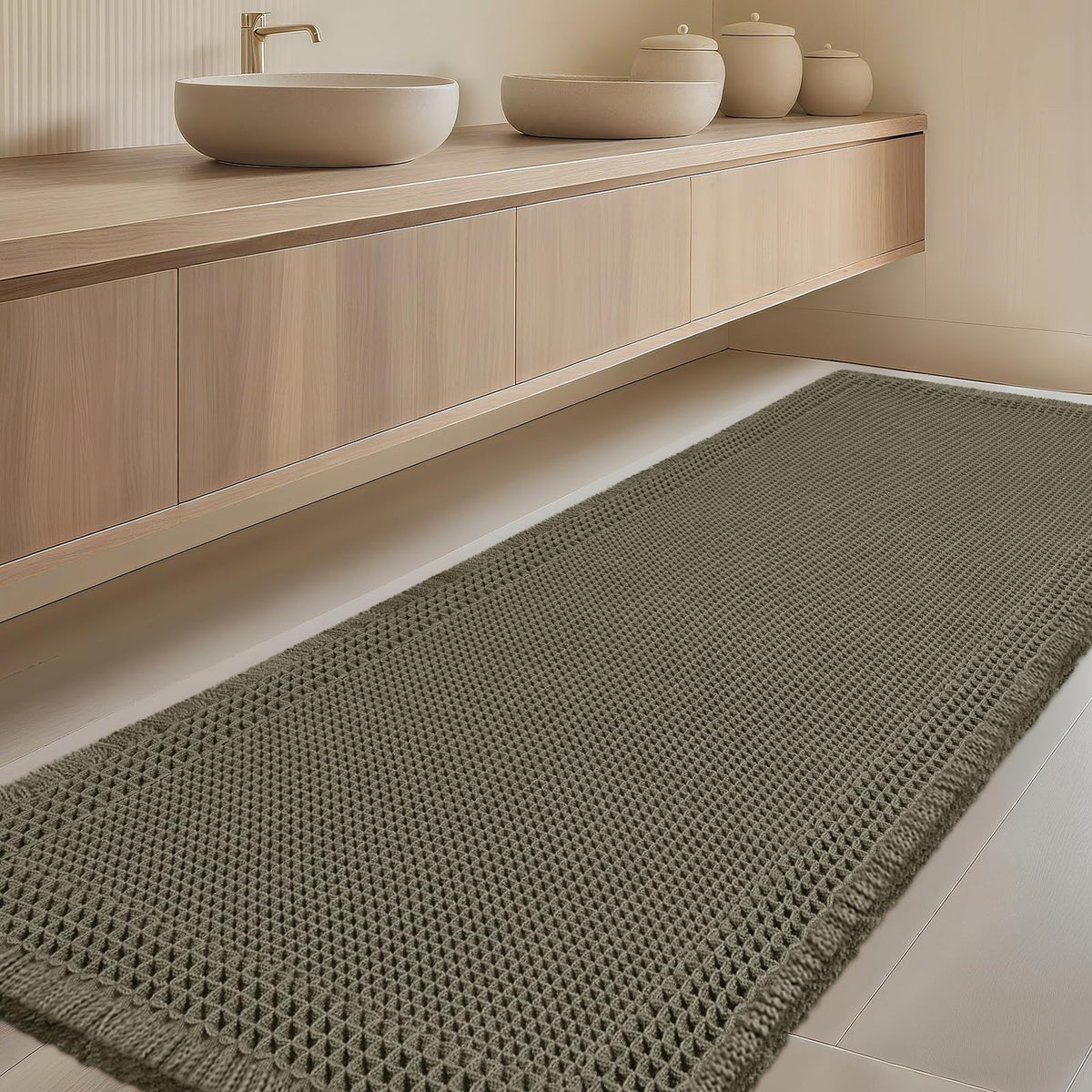 Upgrade Waffle Bath Mat Set 2 Piece, Boho Bathroom Rugs Absorbent Non Slip, Ultra Soft Bathroom Mat, Machine Washable Knit Bath Rugs with Herringbones for Bathroom, Bedroom, Kitchen, Shower, White