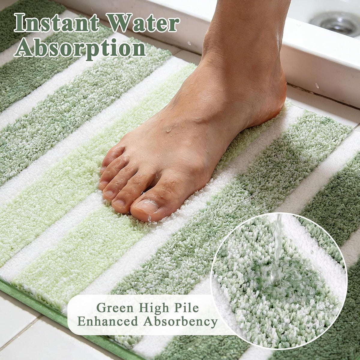 Yamaziot Sage Green Bathroom Rug Set 5 Piece Washable Non Slip Striped Mat
