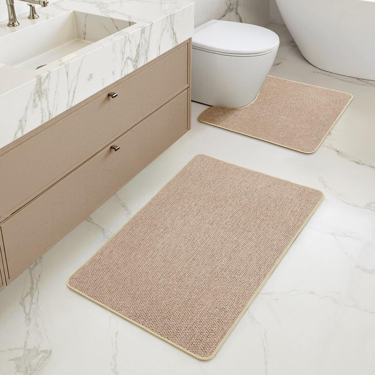 MIULEE Bathroom Rugs Set 2 Pieces, Thin Bath Mats Beige 17"x27"+20"x32"