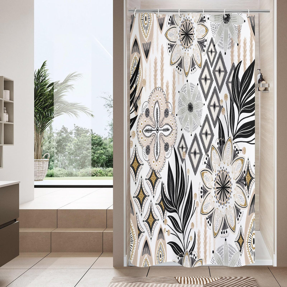 Boho Floral Shower Curtain, Vintage Botanical Fabric Curtain, 72 x 72