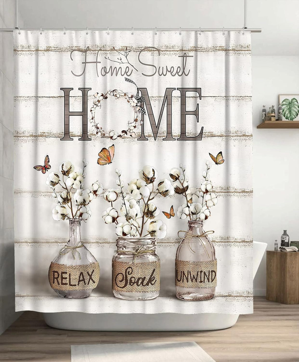Tijuboni Farmhouse Shower Curtain Cotton Flowers Shower Curtains for Neutral Country Bathroom Decor Rustic Shower Curtain Set Waterproof Polyester Fabric 60 x 72 Inch