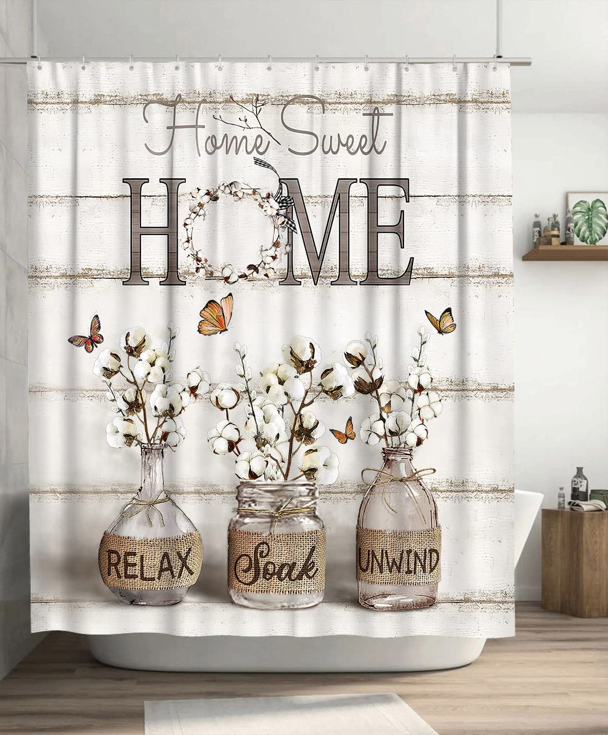 Tijuboni Farmhouse Shower Curtain Cotton Flowers Shower Curtains for Neutral Country Bathroom Decor Rustic Shower Curtain Set Waterproof Polyester Fabric 60 x 72 Inch