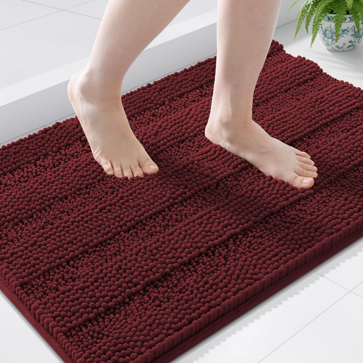 Grandaily Chenille Striped Bathroom Rugs 36x24, Extra Thick and Absorbent Bath Mats, Non-Slip Soft Plush Shaggy Shower Carpet, Machine Wash Dry, Bath Rug for Bathroom, (Large, Light Grey)