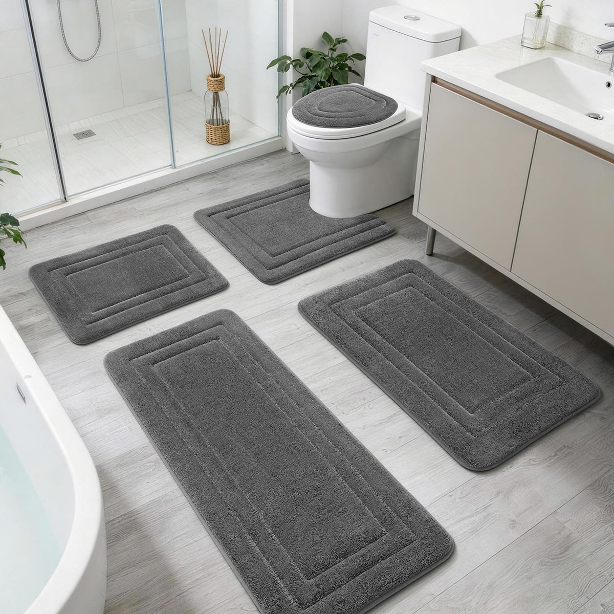YIHOUSE 2-Piece Towel-Like Memory Foam Bathroom Rug Set, Dark Grey