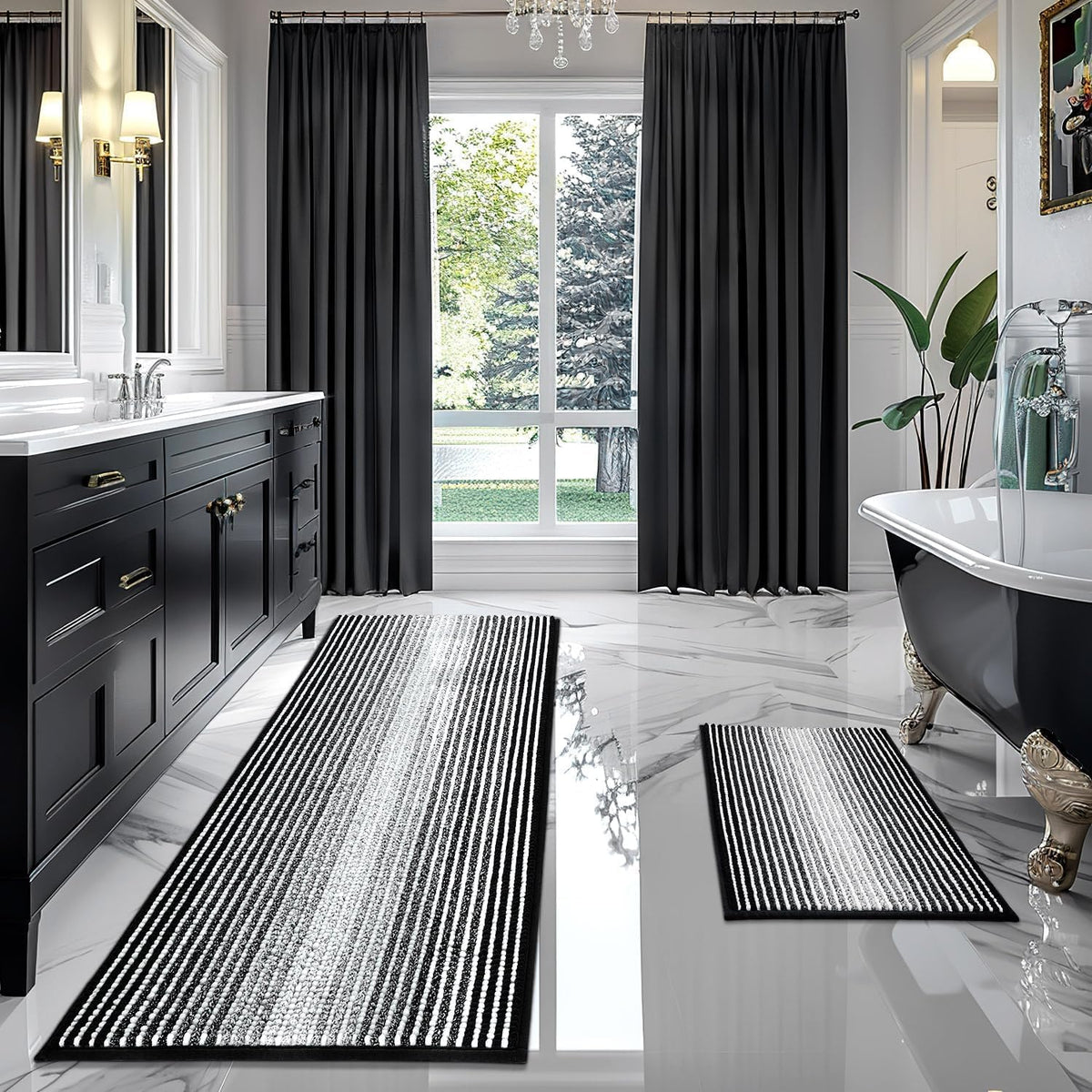 BSICPRO Bathroom Rugs Sets 2 Piece, Non Slip Striped Bath Mats, Fog Blue