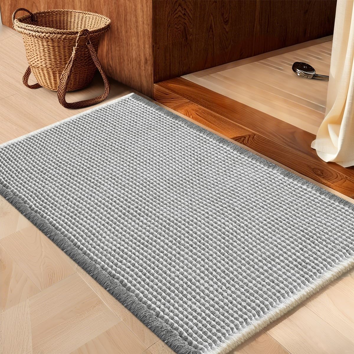 IM HOME Waffle Bath Mat Beige 32"x20", Boho Woven Modern Bath Mat Rugs, Absorbent Non Slip Bathroom Rugs, Soft Washable Bath Rugs with Tassels for Bathroom, Bedroom, Kitchen, Shower, Tub