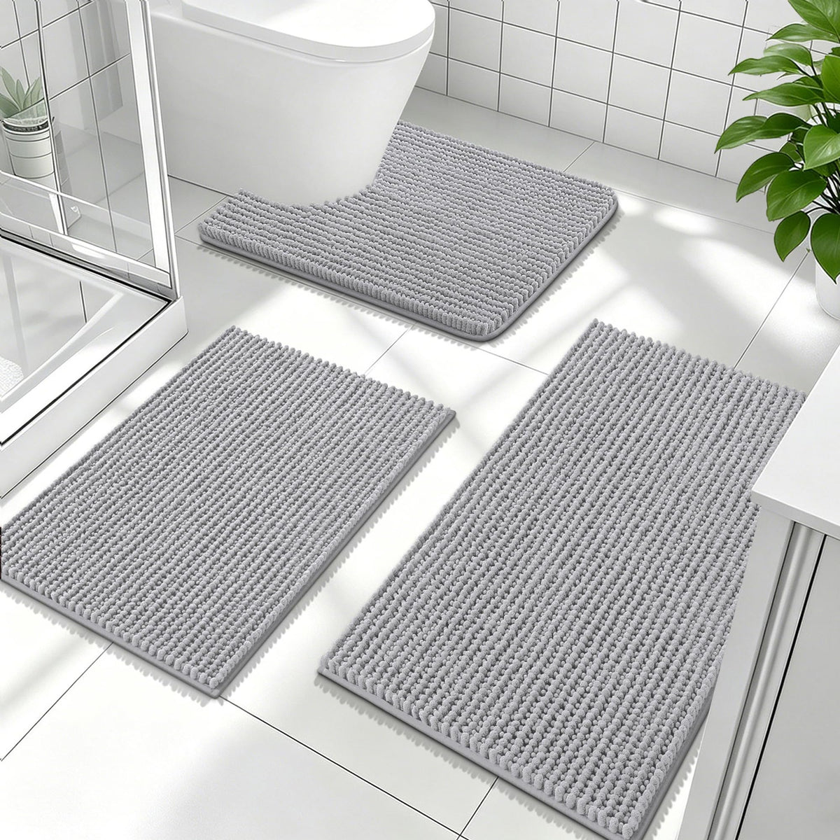 OLANLY Bathroom Rugs Sets 3 Piece, Super Soft Absorbent Chenille Bath Mats and U-Shaped Toilet Rug, Quick Dry, Home Decor, Bath Mat Set for Bathroom (24"x16"+24"x20"+30"x20", Grey)