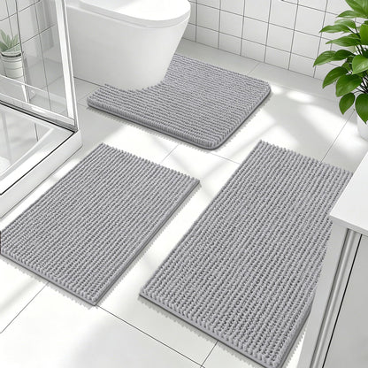 OLANLY Bathroom Rugs Sets 3 Piece, Super Soft Absorbent Chenille Bath Mats and U-Shaped Toilet Rug, Quick Dry, Home Decor, Bath Mat Set for Bathroom (24"x16"+24"x20"+30"x20", Grey)