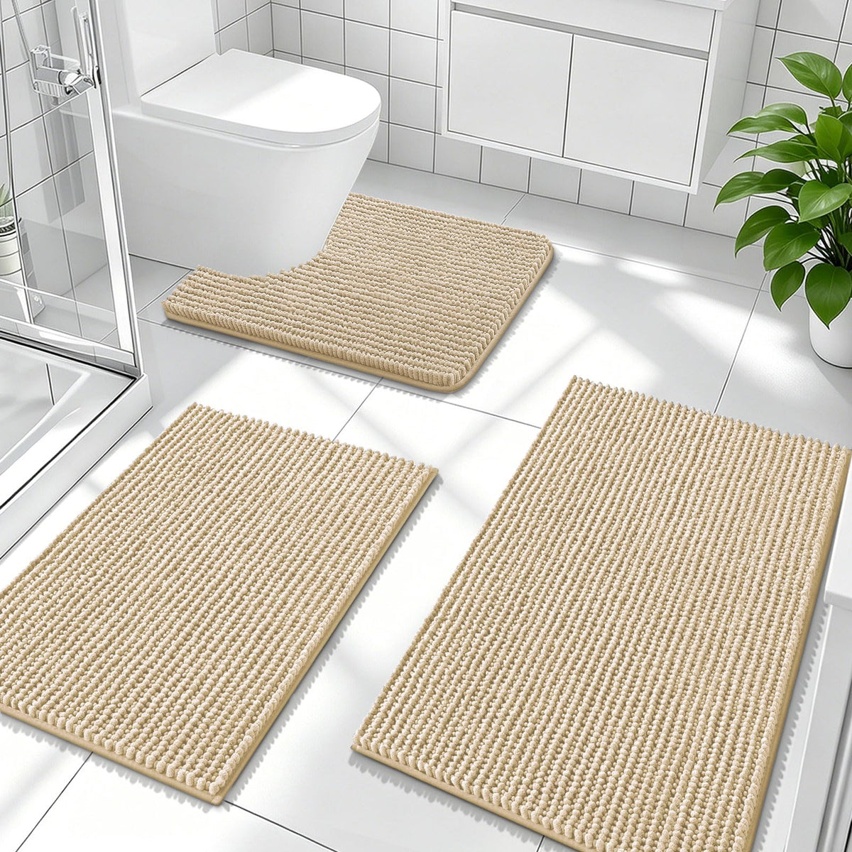 OLANLY Bathroom Rugs Sets 3 Piece, Super Soft Absorbent Chenille Bath Mats and U-Shaped Toilet Rug, Quick Dry, Home Decor, Bath Mat Set for Bathroom (24"x16"+24"x20"+30"x20", Grey)