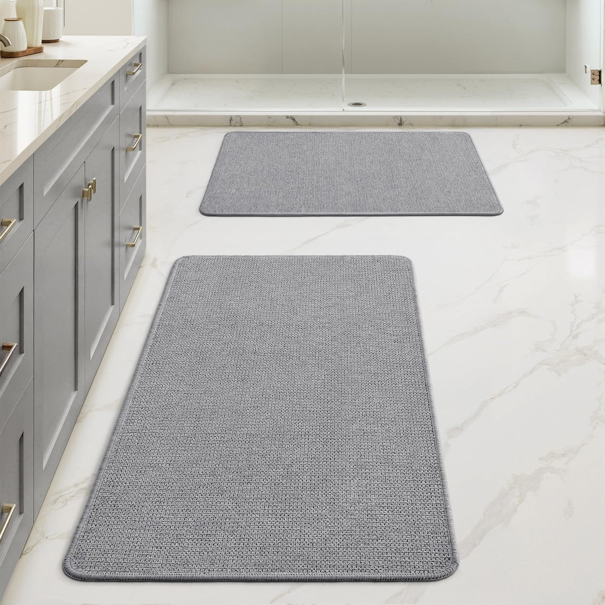 MIULEE Bathroom Rugs Set 2 Pieces, Thin Bath Mats Beige 17"x27"+20"x32"