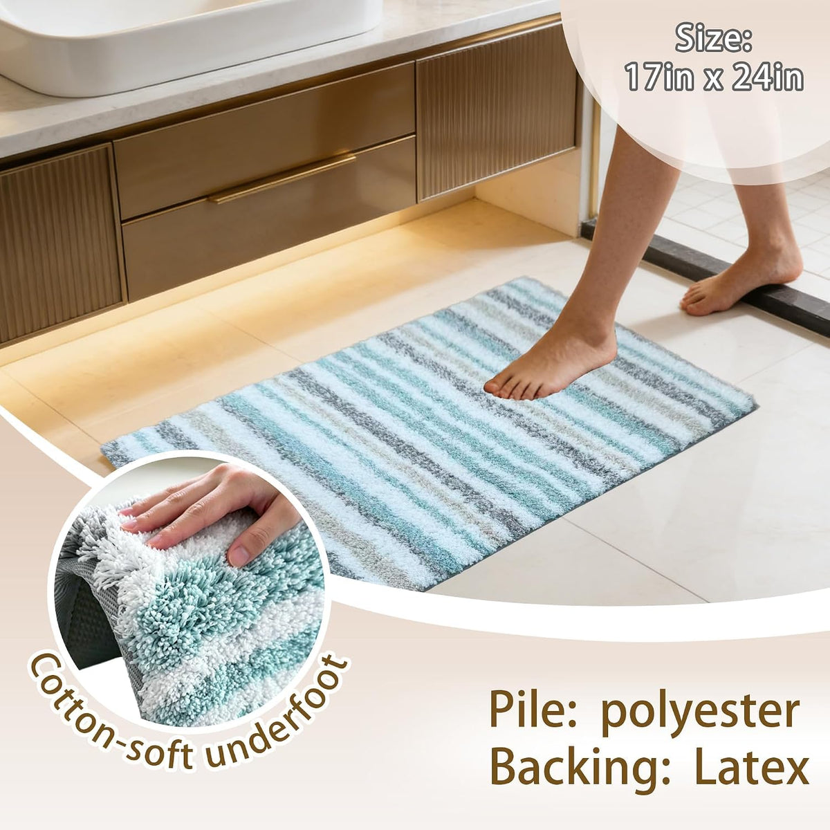 VOOVA & MOVAS Striped Bathroom Rug, 24x17, Microfiber, Aqua Beige Gray