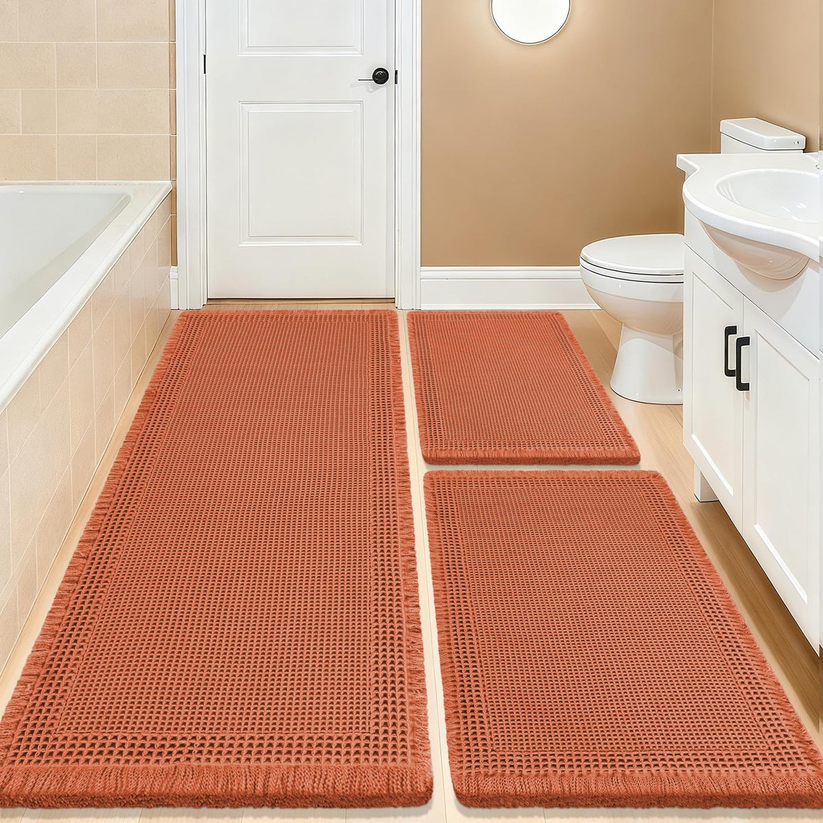 Upgrade Waffle Bath Mat Set 2 Piece, Boho Bathroom Rugs Absorbent Non Slip, Ultra Soft Bathroom Mat, Machine Washable Knit Bath Rugs with Herringbones for Bathroom, Bedroom, Kitchen, Shower, White