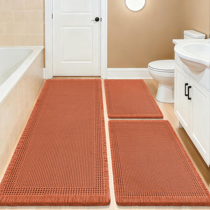 Upgrade Waffle Bath Mat Set 2 Piece, Boho Bathroom Rugs Absorbent Non Slip, Ultra Soft Bathroom Mat, Machine Washable Knit Bath Rugs with Herringbones for Bathroom, Bedroom, Kitchen, Shower, White