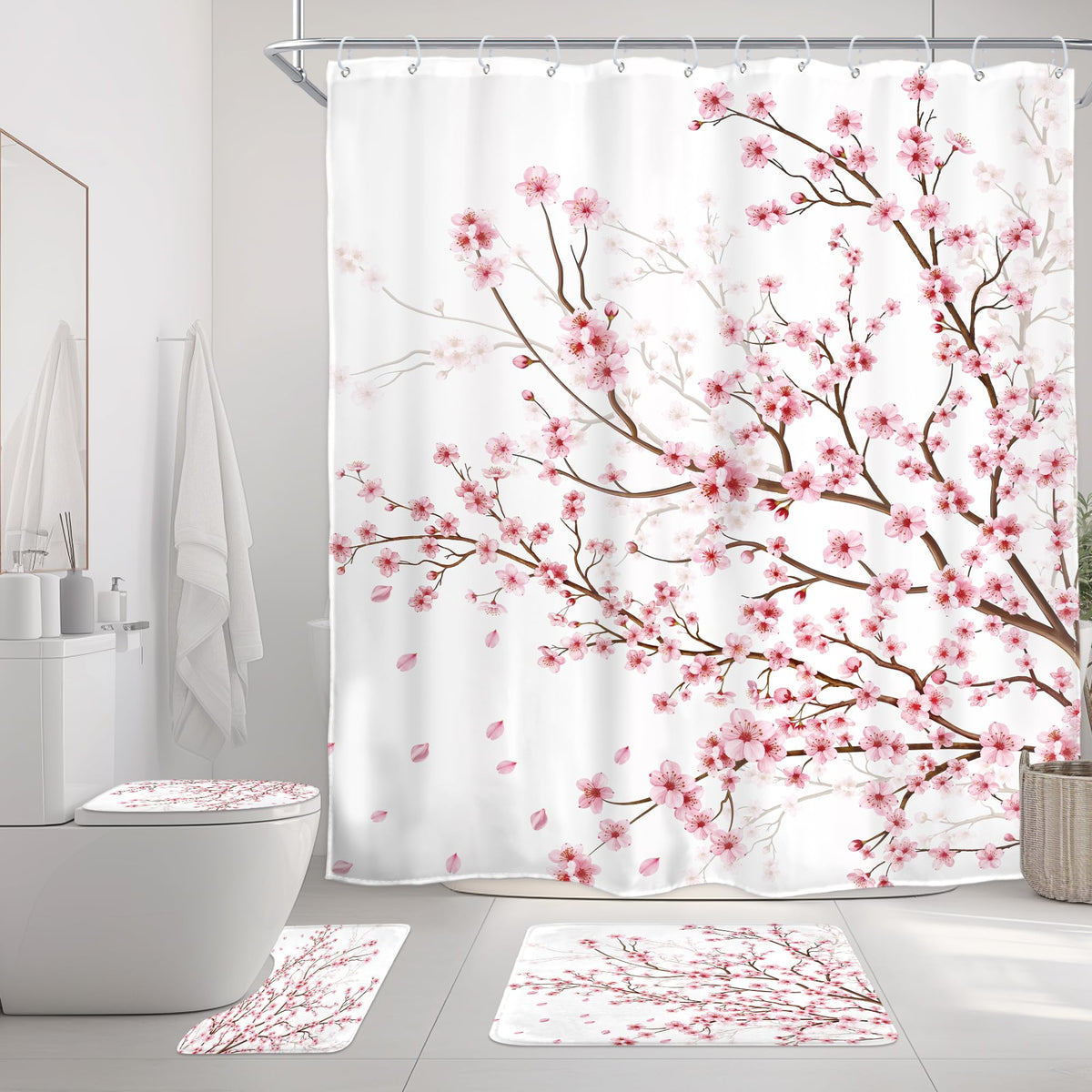 Pink Cherry Blossom Plum Asian Shower Curtain Japanese 60Wx72H Inch Decor