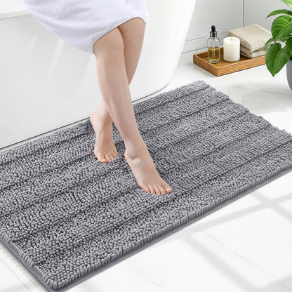 Grandaily Chenille Striped Bathroom Rugs 36x24, Extra Thick and Absorbent Bath Mats, Non-Slip Soft Plush Shaggy Shower Carpet, Machine Wash Dry, Bath Rug for Bathroom, (Large, Light Grey)