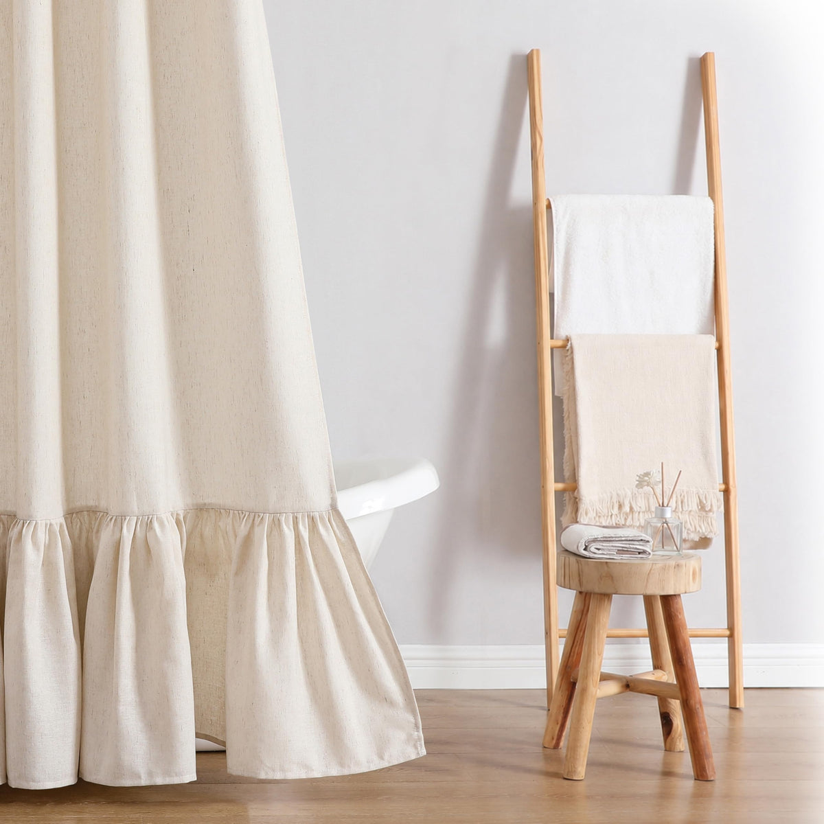 QiyI Boho Ruffle Shower Curtain, Linen Blend Fabric, Natural, 72 x 72