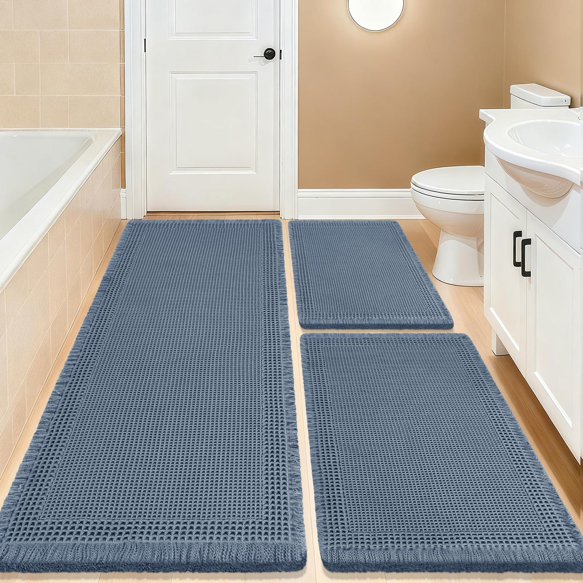 Upgrade Waffle Bath Mat Set 2 Piece, Boho Bathroom Rugs Absorbent Non Slip, Ultra Soft Bathroom Mat, Machine Washable Knit Bath Rugs with Herringbones for Bathroom, Bedroom, Kitchen, Shower, White