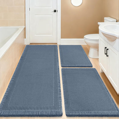 Upgrade Waffle Bath Mat Set 2 Piece, Boho Bathroom Rugs Absorbent Non Slip, Ultra Soft Bathroom Mat, Machine Washable Knit Bath Rugs with Herringbones for Bathroom, Bedroom, Kitchen, Shower, White