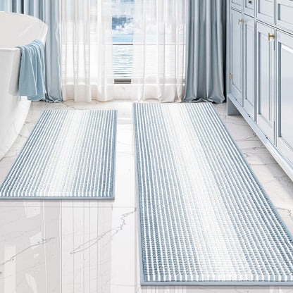 BSICPRO Bathroom Rugs Sets 2 Piece, Non Slip Striped Bath Mats, Fog Blue