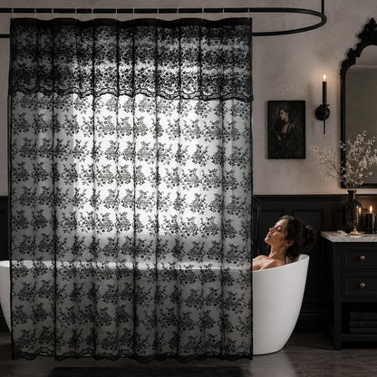 TUDECO Black Lace Shower Curtain with Valance, Gothic Style, 72 x 72 Inch