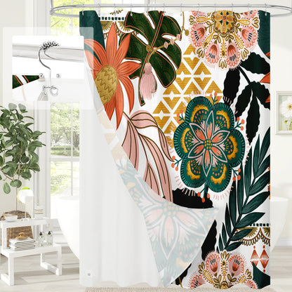 Boho Floral Shower Curtain, Vintage Botanical Fabric Curtain, 72 x 72