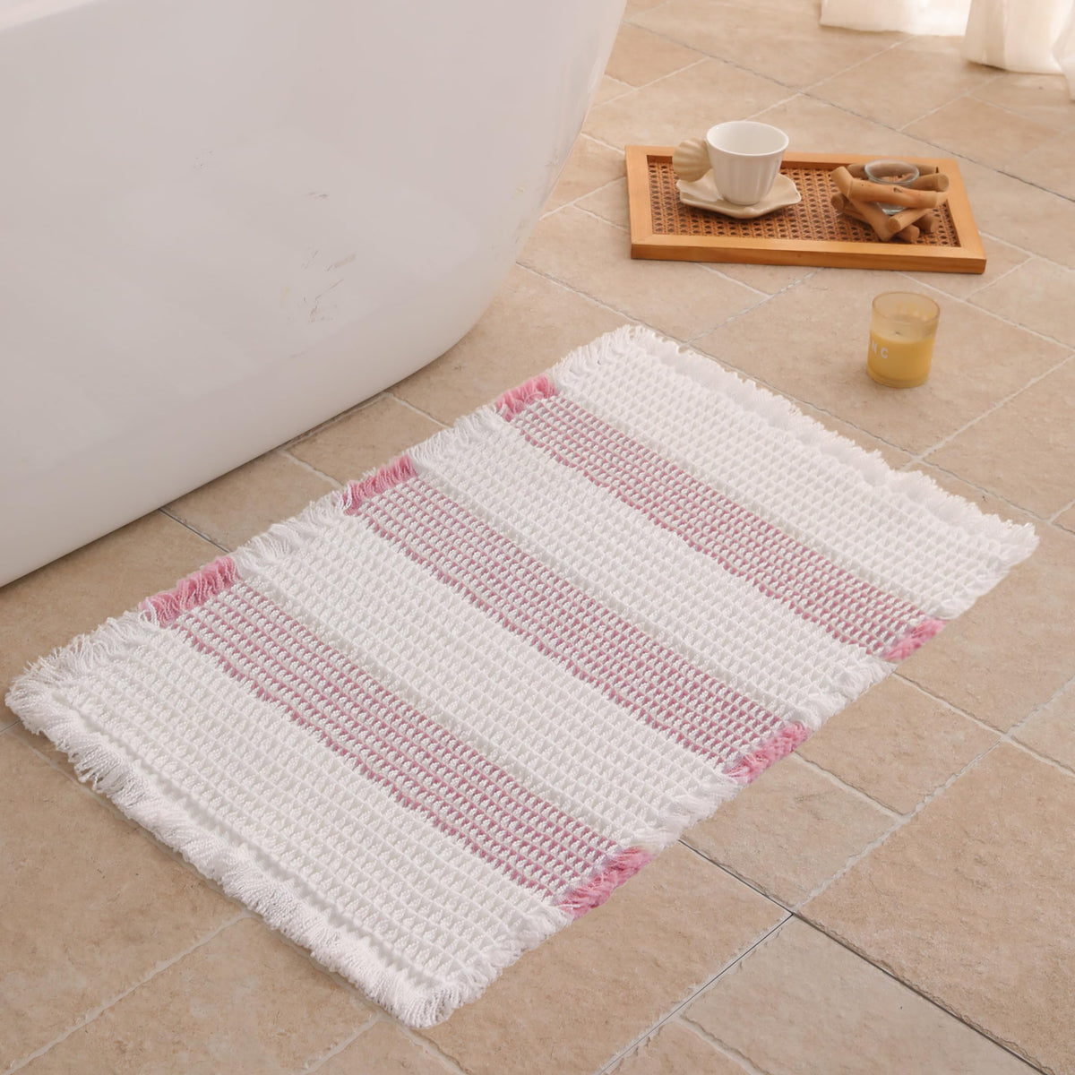 Waffle Bath Mat Non Slip, Boho Bathroom Rug, White/Taupe, 16"x24"