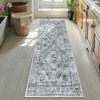 Uphome Boho Small Bath Mat, Distressed Farmhouse Light Khaki Bath Rugs, Comfy Velvet Bathroom Rugs Non Slip Washable, Vintage Oriental Toilet Rug for Sink Shower Vanity, 18x26 inch