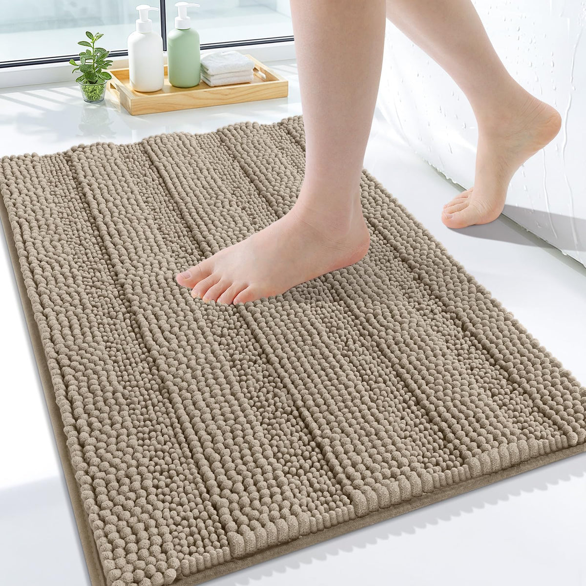 Grandaily Chenille Striped Bathroom Rugs 36x24, Extra Thick and Absorbent Bath Mats, Non-Slip Soft Plush Shaggy Shower Carpet, Machine Wash Dry, Bath Rug for Bathroom, (Large, Light Grey)