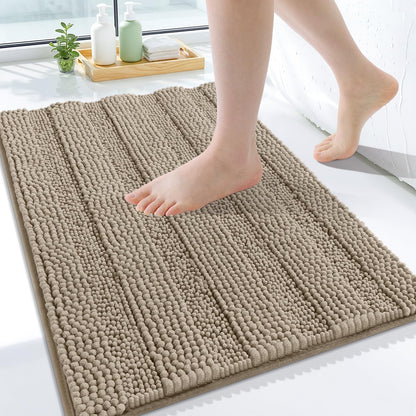 Grandaily Chenille Striped Bathroom Rugs 36x24, Extra Thick and Absorbent Bath Mats, Non-Slip Soft Plush Shaggy Shower Carpet, Machine Wash Dry, Bath Rug for Bathroom, (Large, Light Grey)