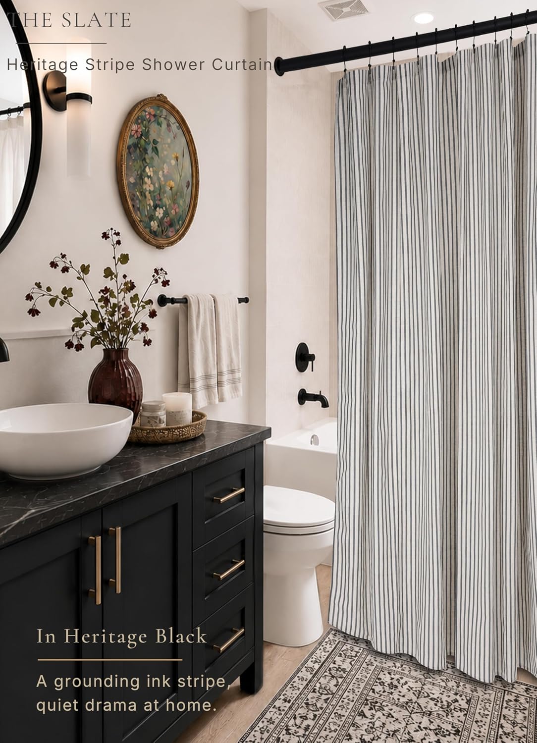 Farmhouse Striped Shower Curtain - 72x72 Inches, Linen Blend Fabric, Breathable & Machine Washable, Rustic Black for Bathroom Decor (Hooks/Liner Not Included)