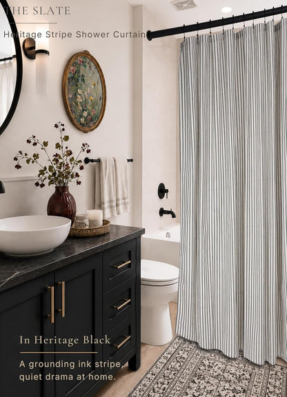 Farmhouse Striped Shower Curtain - 72x72 Inches, Linen Blend Fabric, Breathable & Machine Washable, Rustic Black for Bathroom Decor (Hooks/Liner Not Included)