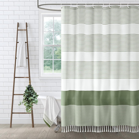Sage Green Boho Cotton Striped Shower Curtain with Tassel 72"W X 72"L