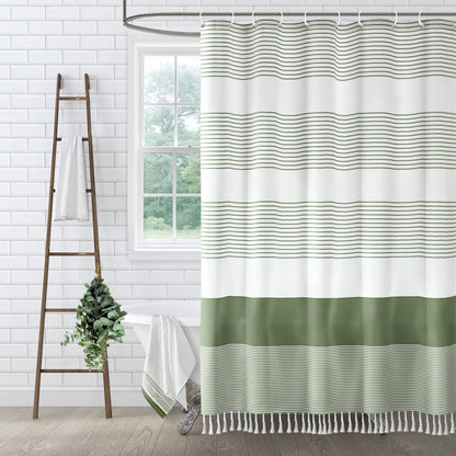 Sage Green Boho Cotton Striped Shower Curtain with Tassel 72"W X 72"L