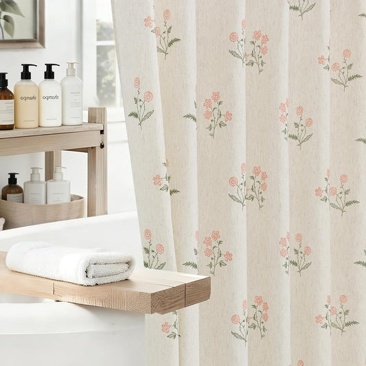 ORTIGIA Linen Shower Curtain Farmhouse Vintage Pink Green Floral Shower Curtains Boho Rustic Block Print Cottagecore Decor for Bathroom 72 W x 72 L