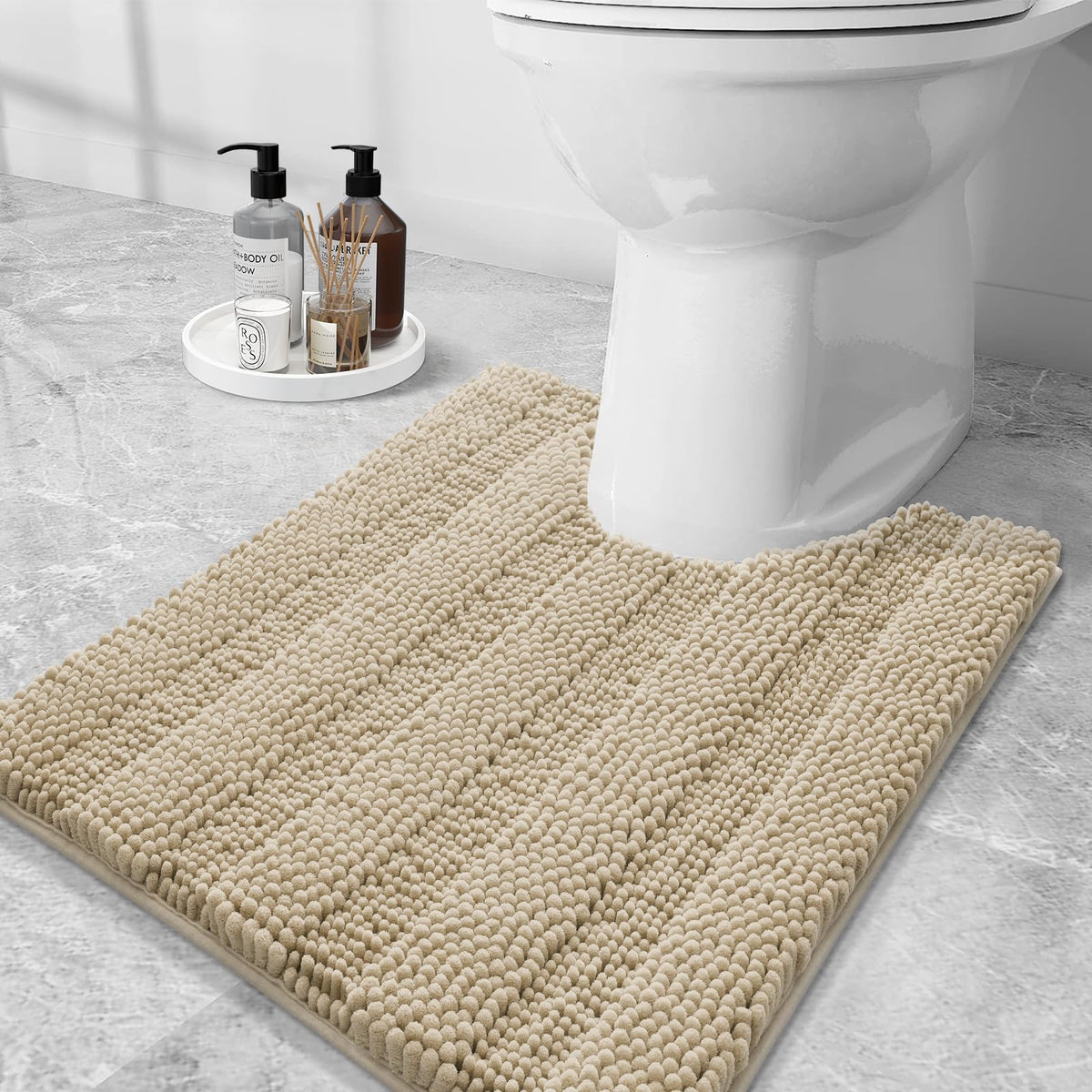 Grandaily Chenille Striped Bathroom Rugs 36x24, Extra Thick and Absorbent Bath Mats, Non-Slip Soft Plush Shaggy Shower Carpet, Machine Wash Dry, Bath Rug for Bathroom, (Large, Light Grey)