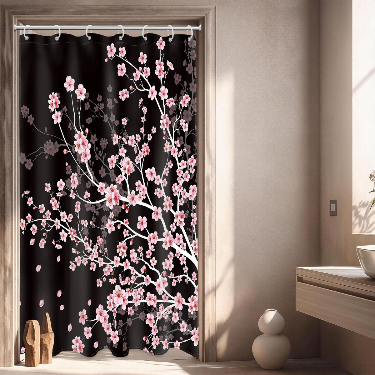Pink Cherry Blossom Plum Asian Shower Curtain Japanese 60Wx72H Inch Decor