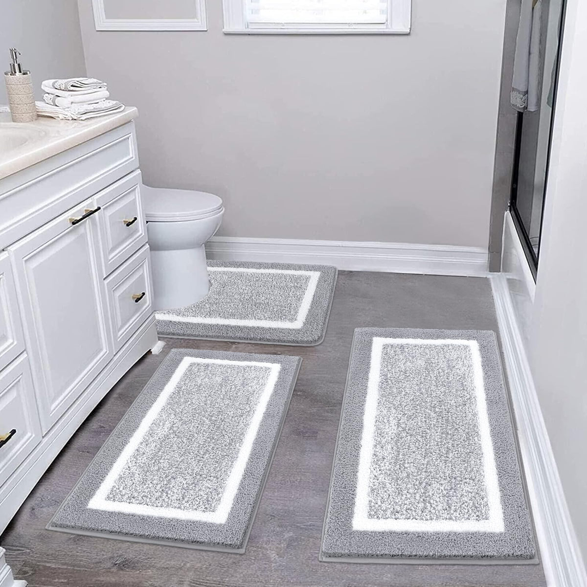 Pauwer Bathroom Rugs 3 Piece Set, Non Slip Washable Bath Mat, Dark Grey