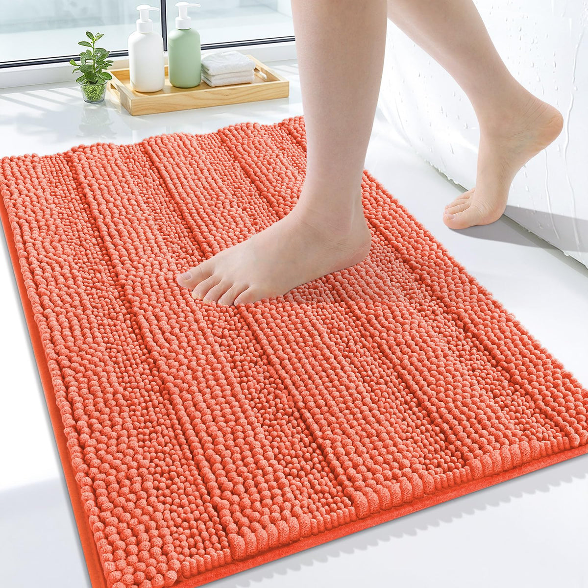 Grandaily Chenille Striped Bathroom Rugs 36x24, Extra Thick and Absorbent Bath Mats, Non-Slip Soft Plush Shaggy Shower Carpet, Machine Wash Dry, Bath Rug for Bathroom, (Large, Light Grey)
