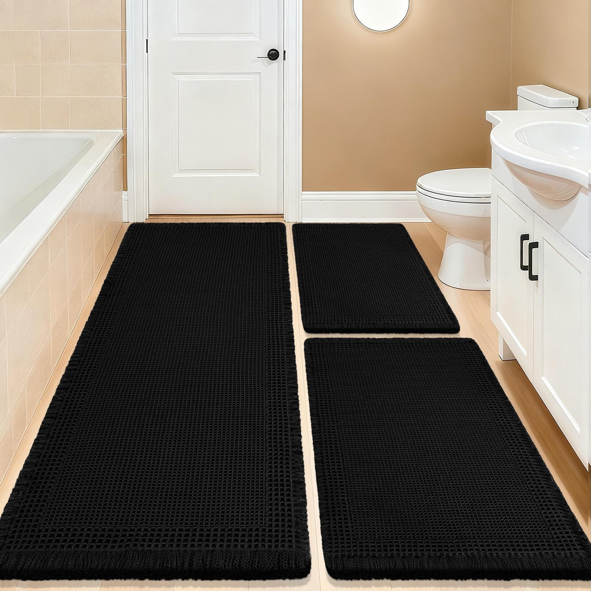 Upgrade Waffle Bath Mat Set 2 Piece, Boho Bathroom Rugs Absorbent Non Slip, Ultra Soft Bathroom Mat, Machine Washable Knit Bath Rugs with Herringbones for Bathroom, Bedroom, Kitchen, Shower, White